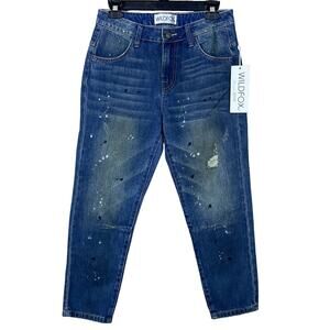 Wildfox Baggy Crop Jeans Da Vinci Wash Paint Splatters Blue Denim Size 24 NWT